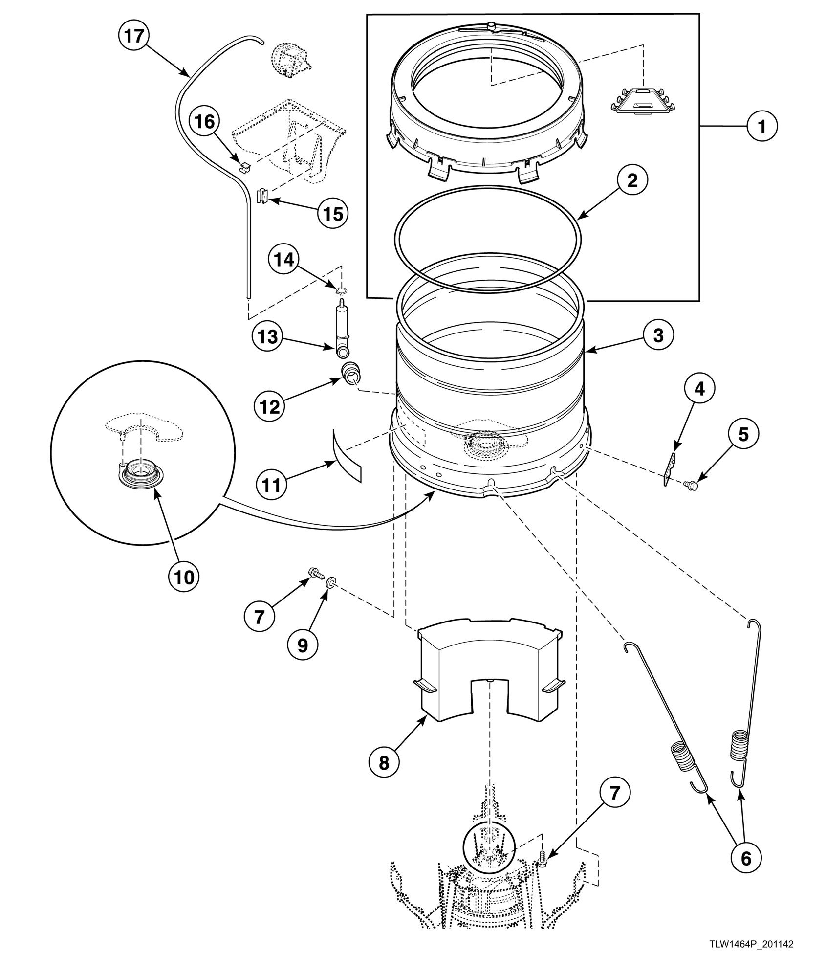 Outer Tub, Cover, Bearing and Seal Housing, Pressure Hose and Counterweight