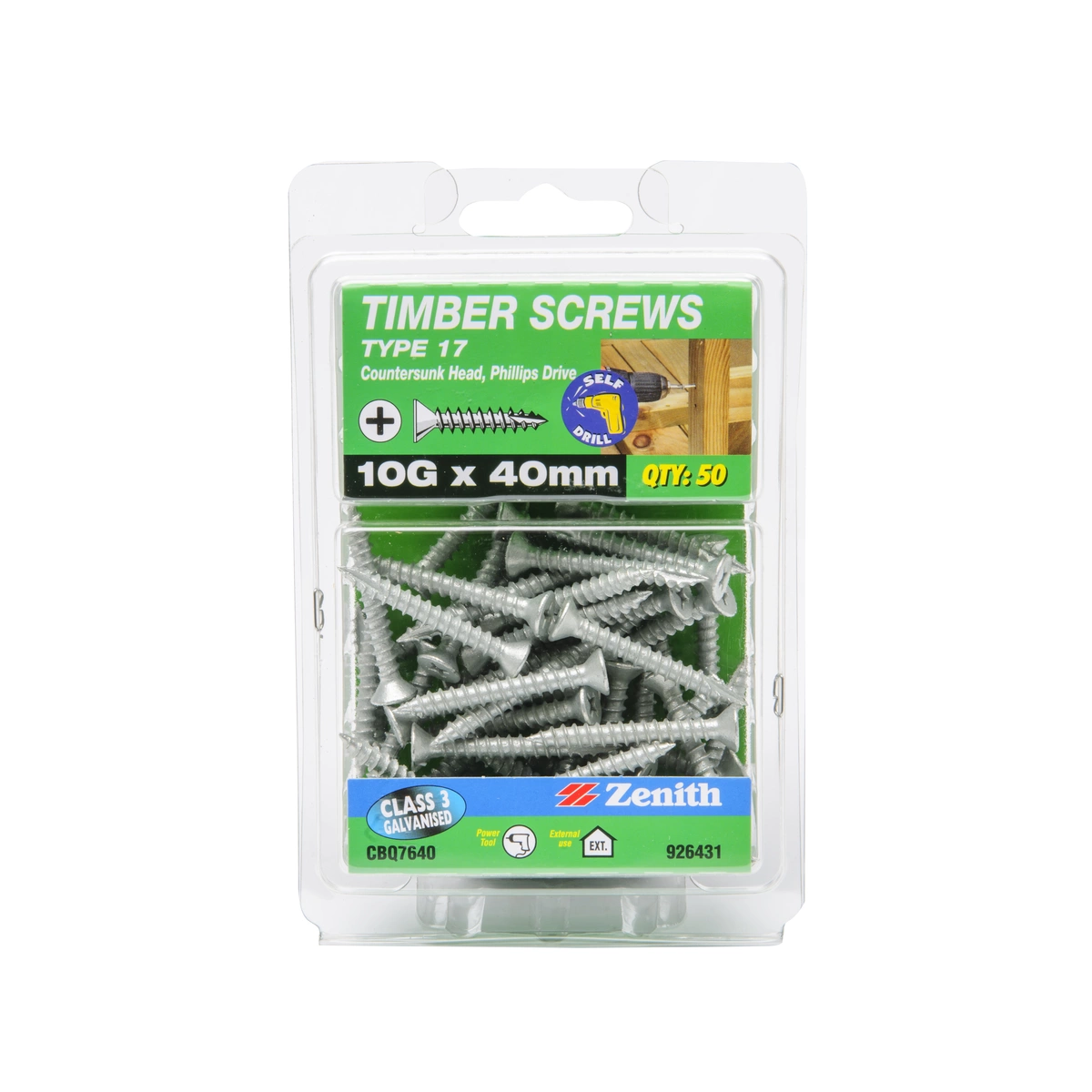 ZENITH® 10G x 40mm Class 3 Galvanised Timber Screws – 50 Pack