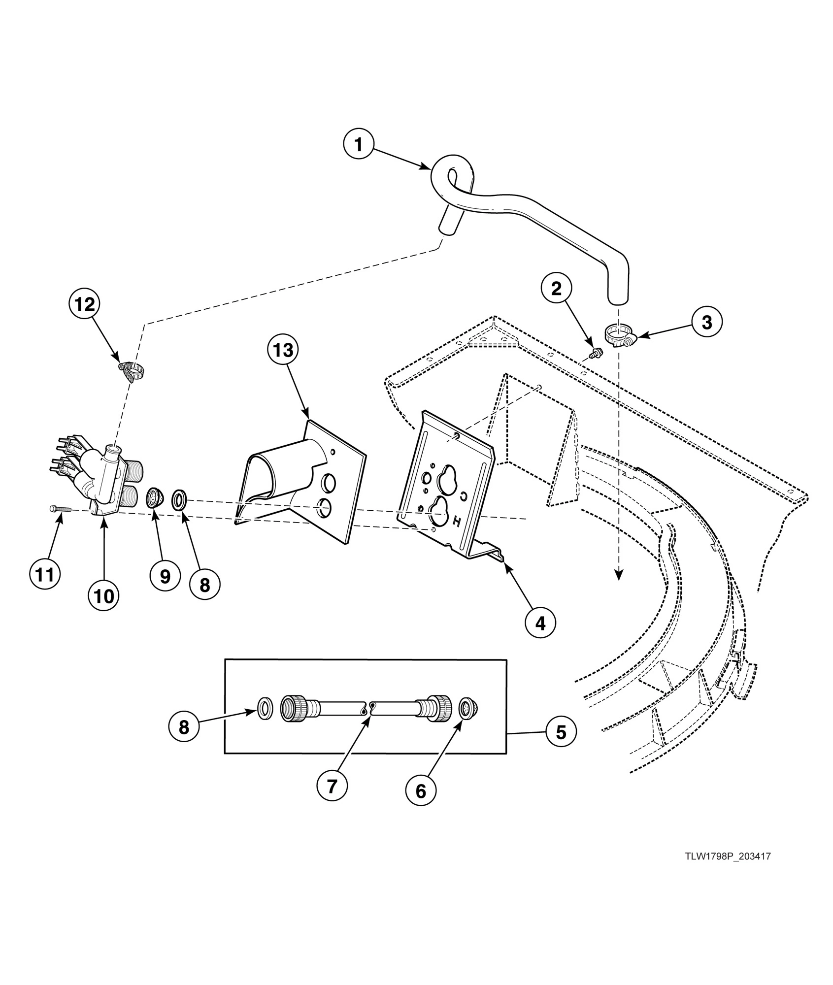Fill Hose, Mixing Valve-to-Tub Cover Hose, Mixing Valve and Bracket
