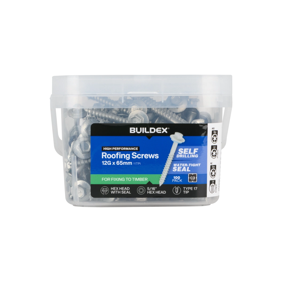 Buildex® 12G x 65mm Class 3 Roofing Screws with Seal – 100 Pack