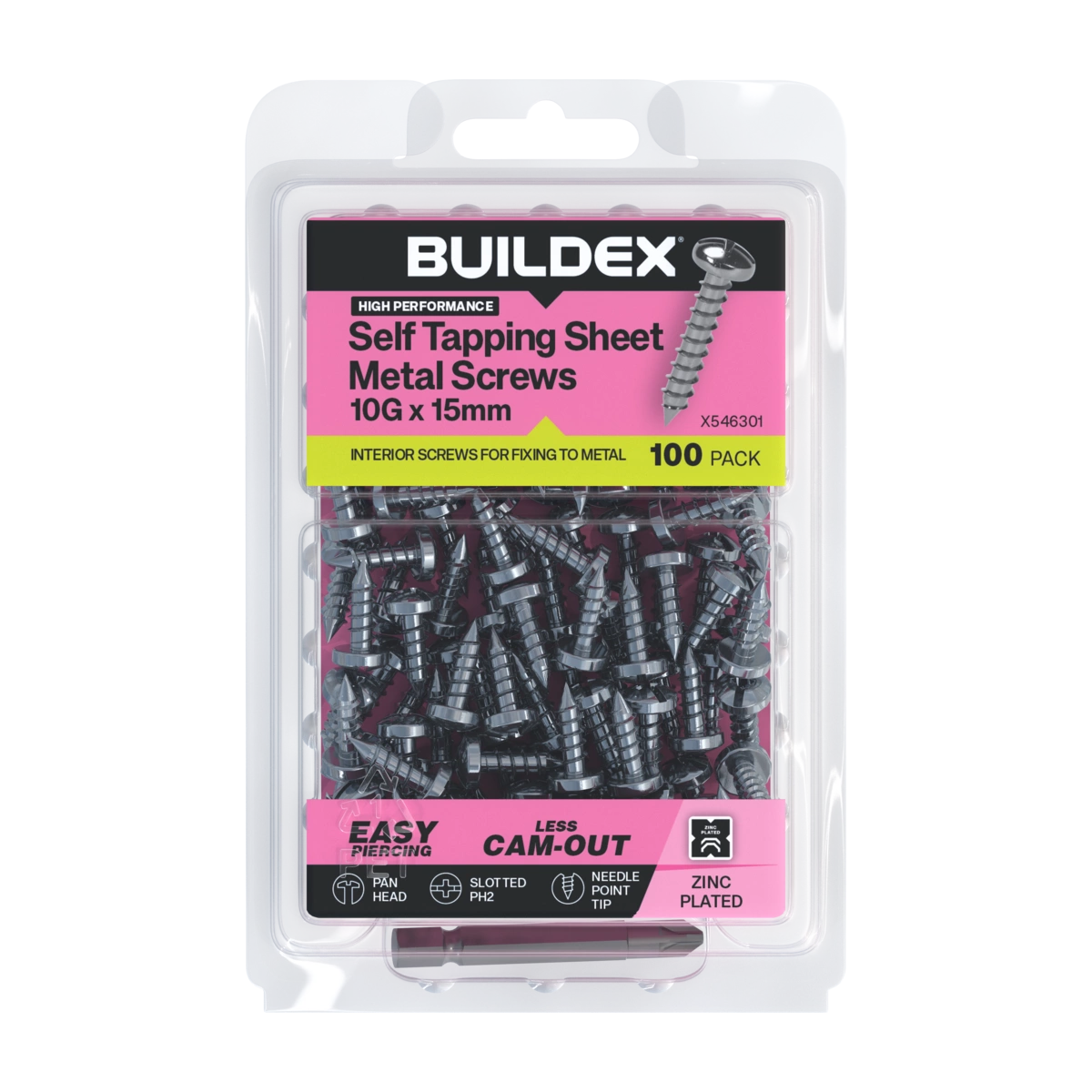 Buildex® 10G x 15mm Zinc Plated Self Tapping Sheet Metal Screws – 100 Pack