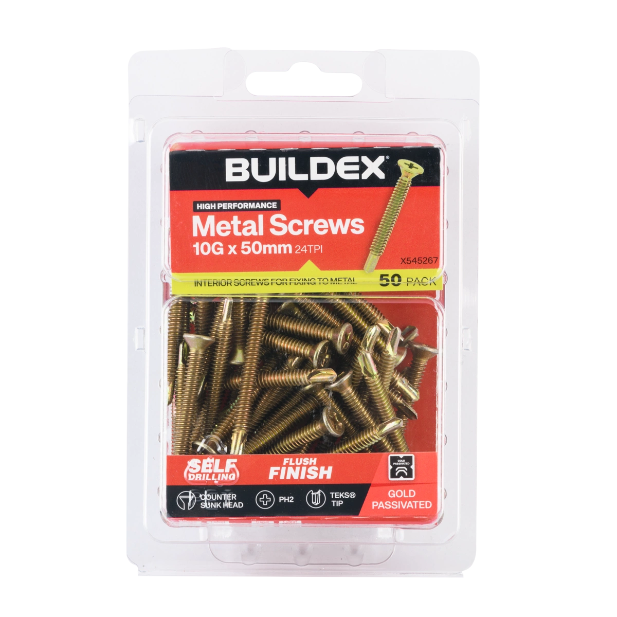 Buildex® 10G x 50mm Gold Passivated Sheet Metal Screws – 50 Pack