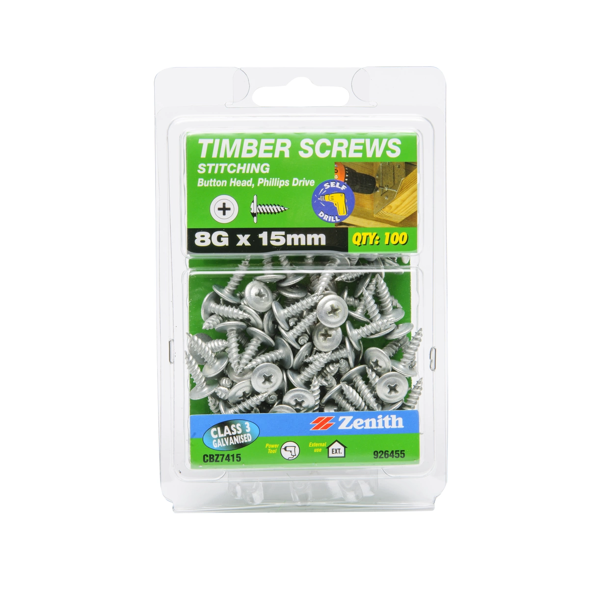 ZENITH® 8G x 15mm Class 3 Galvanised Stitching Screws – 100 Pack