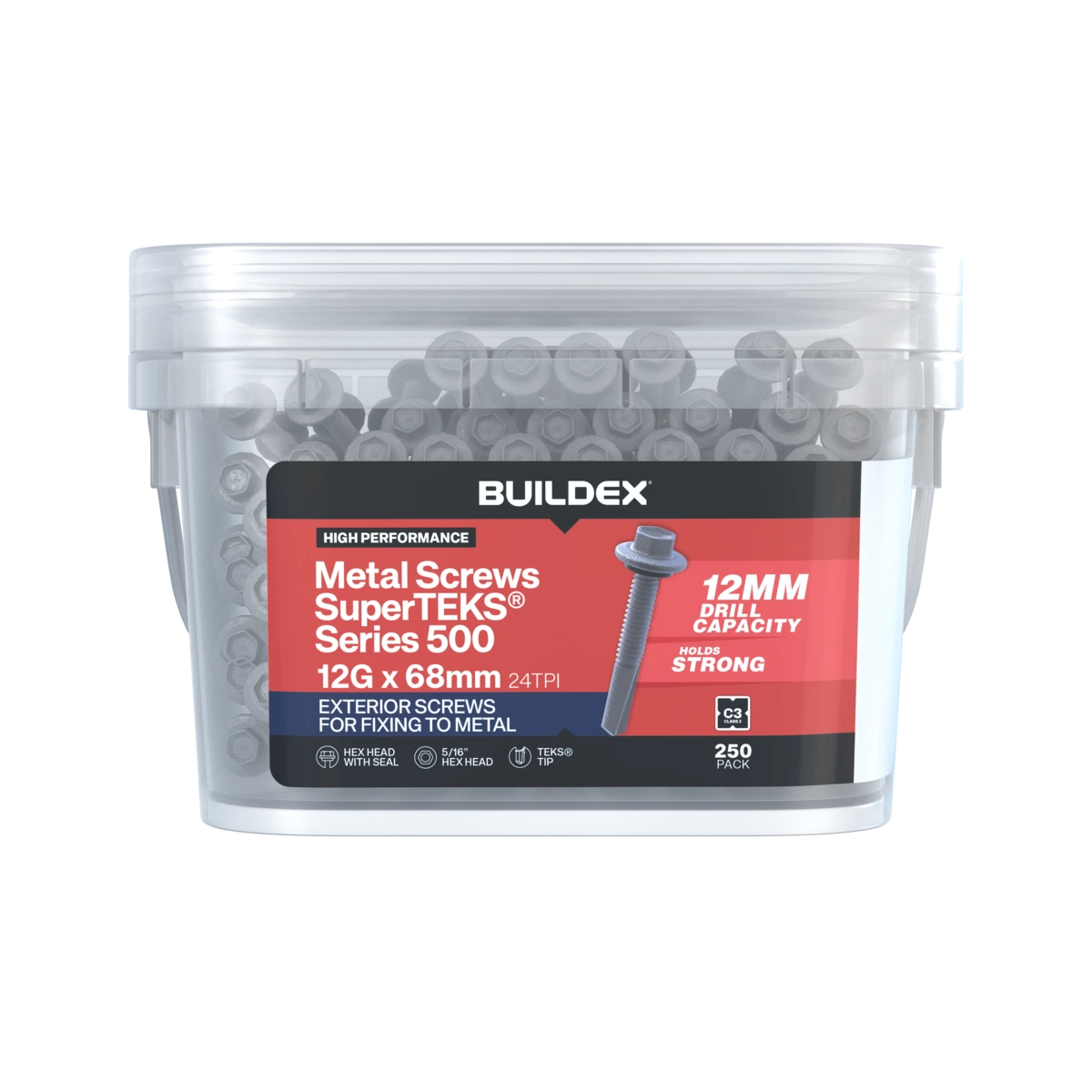 Buildex® 12G x 68mm Class 3 Galvanised SuperTEKS® Series 500 Screws with Seal – 250 Pack
