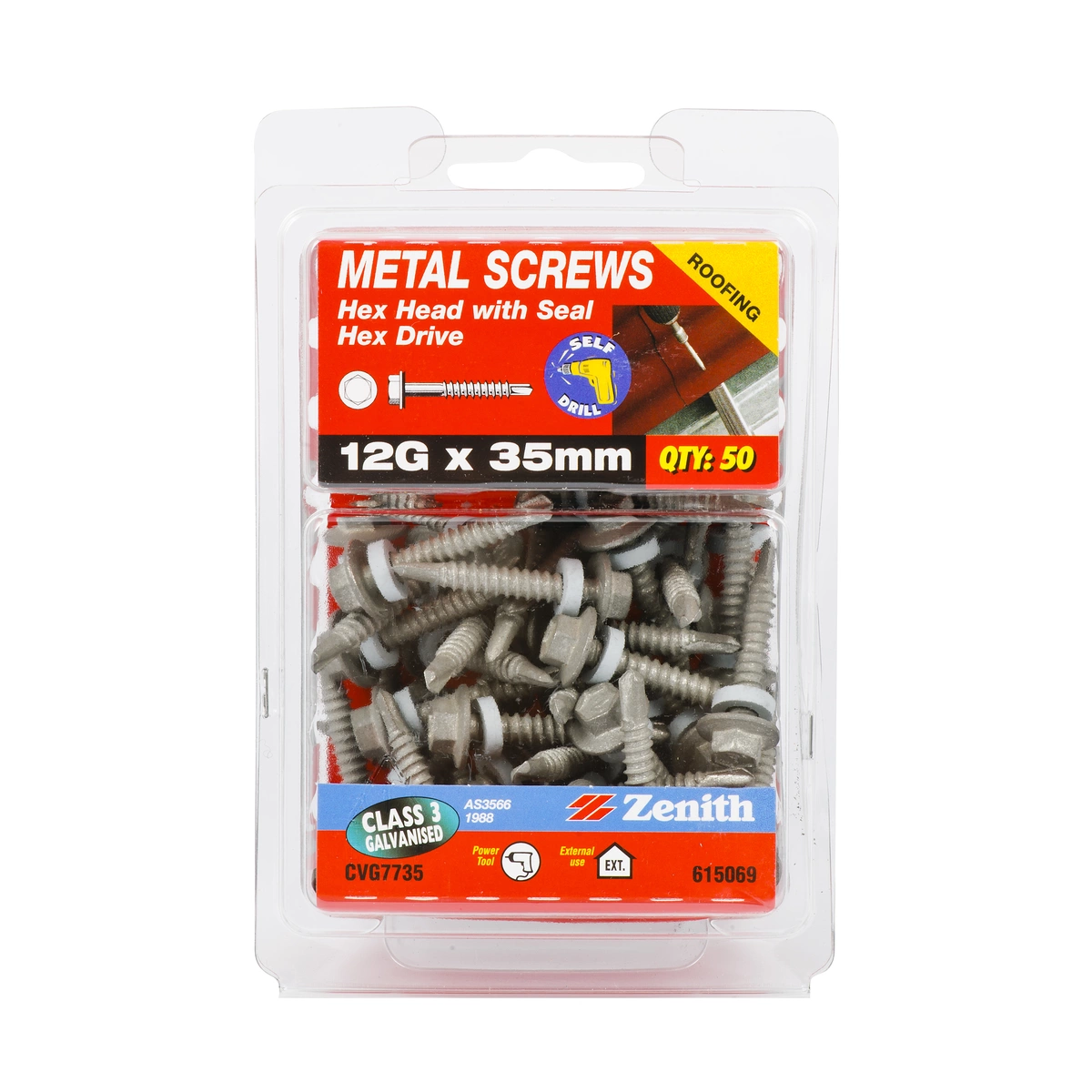 ZENITH® 12G x 35mm Class 3 Galvanised Cladding & Roofing Screws with Seal – 50 Pack