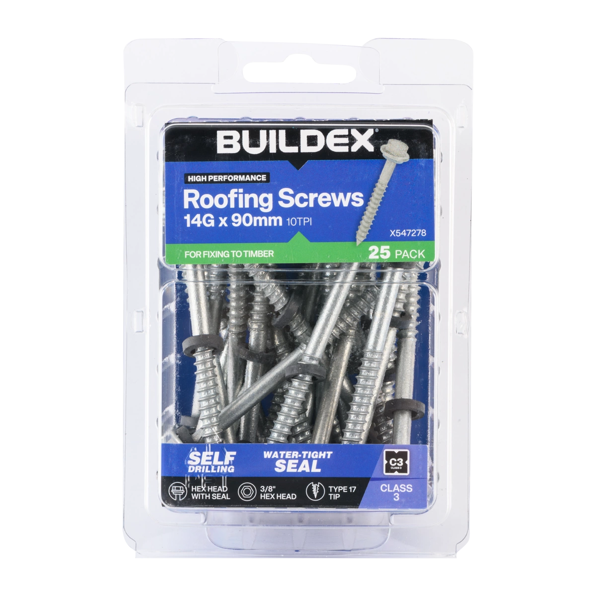 Buildex® 14G x 90mm Class 3 Roofing Screws with Seal – 25 Pack