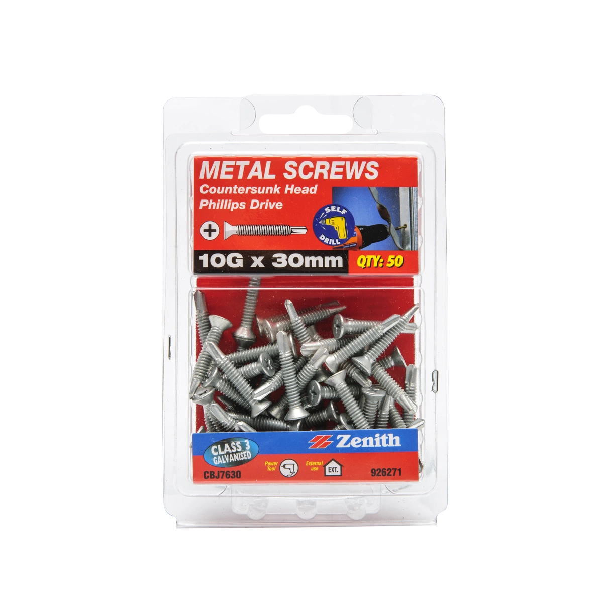 ZENITH® 10G x 30mm Class 3 Galvanised Metal Screws (Countersunk Head) – 50 Pack
