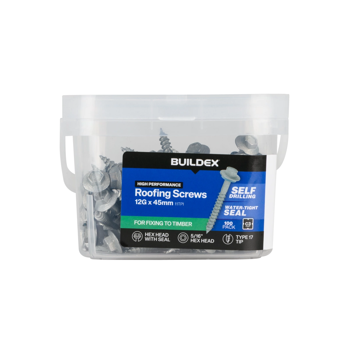 Buildex® 12G x 45mm Class 3 Roofing Screws with Seal – 100 Pack