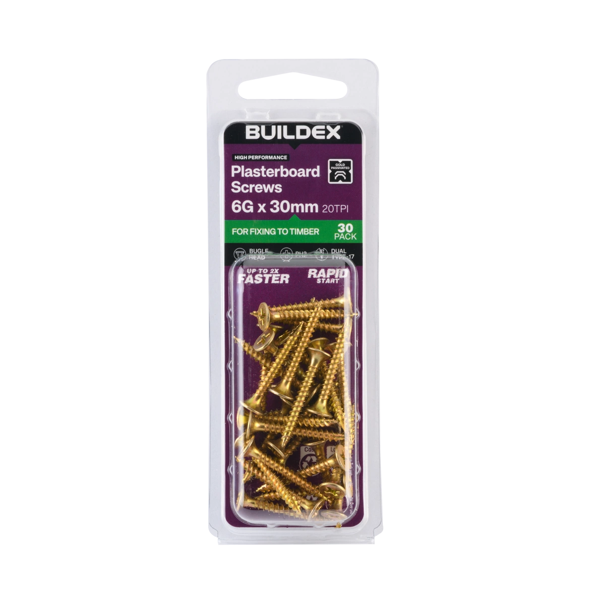 Buildex® 6G x 30mm Gold Passivated Plasterboard Screws – 30 Pack