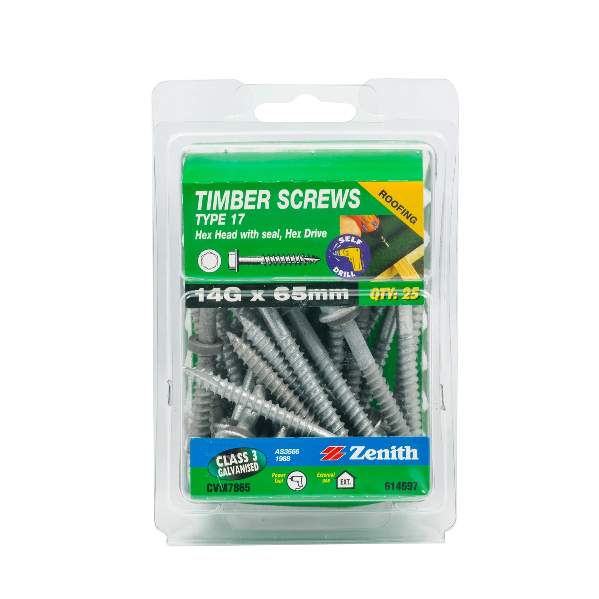 ZENITH® 14G x 65mm Class 3 Galvanised Cladding & Roofing Screws with Seal – 25 Pack
