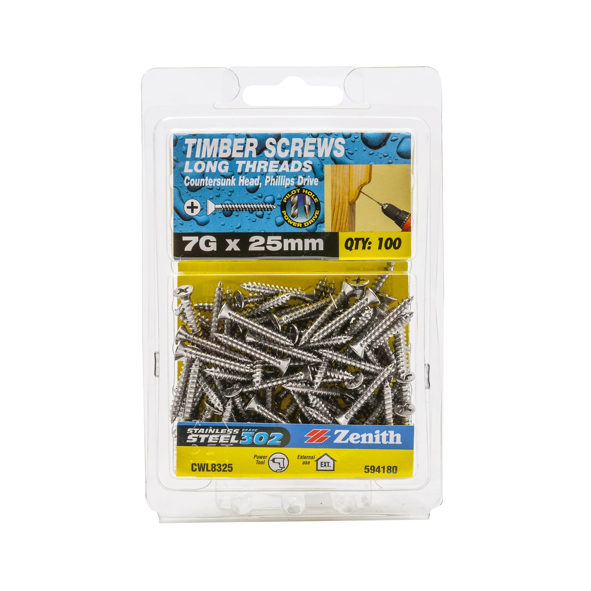 ZENITH® 7G x 25mm 304 Stainless Steel Timber Screws – 100 Pack