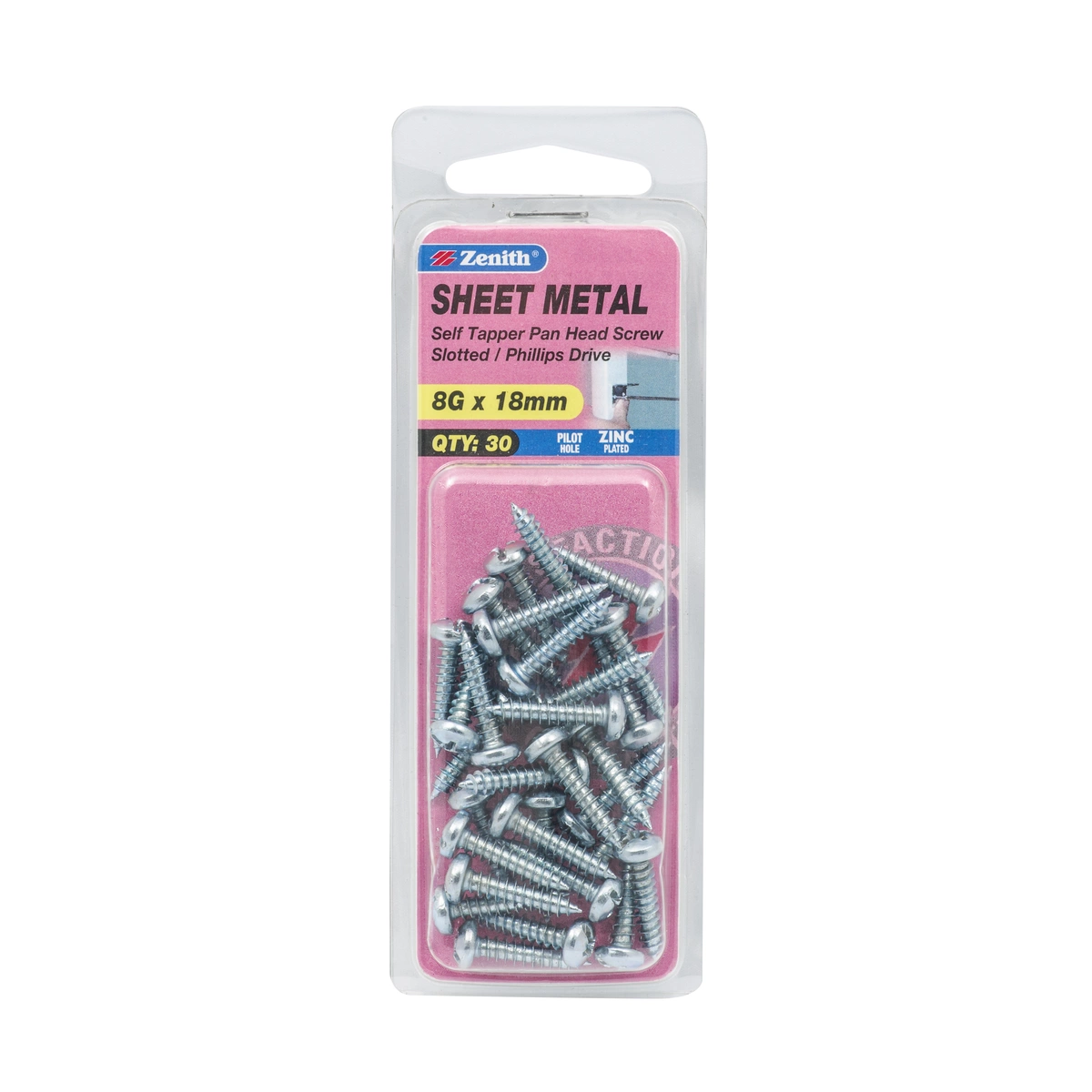ZENITH® 8G x 18mm Zinc Plated Sheet Metal Screws – 30 Pack
