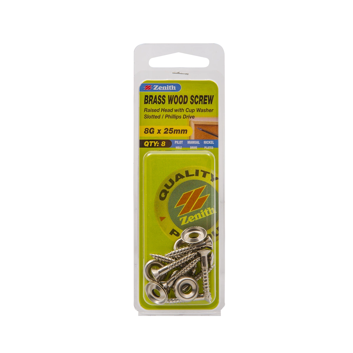 ZENITH® 8G x 25mm Nickel Plated Wood Screws – 8 Pack