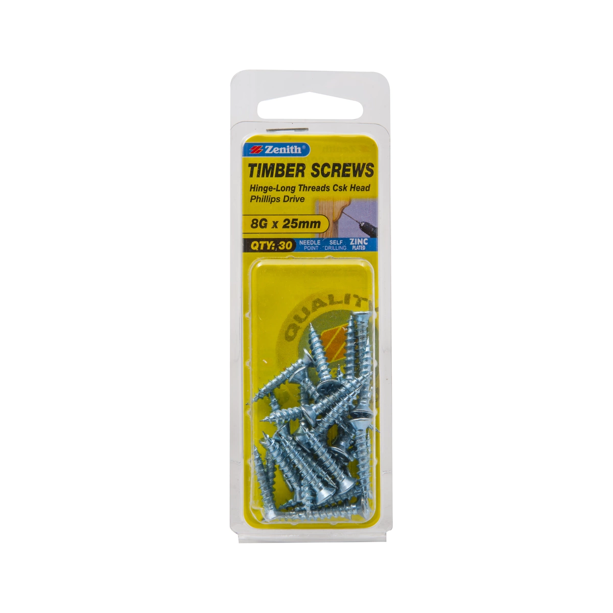 ZENITH® 8G x 25mm Zinc Plated Timber Screws – 30 Pack