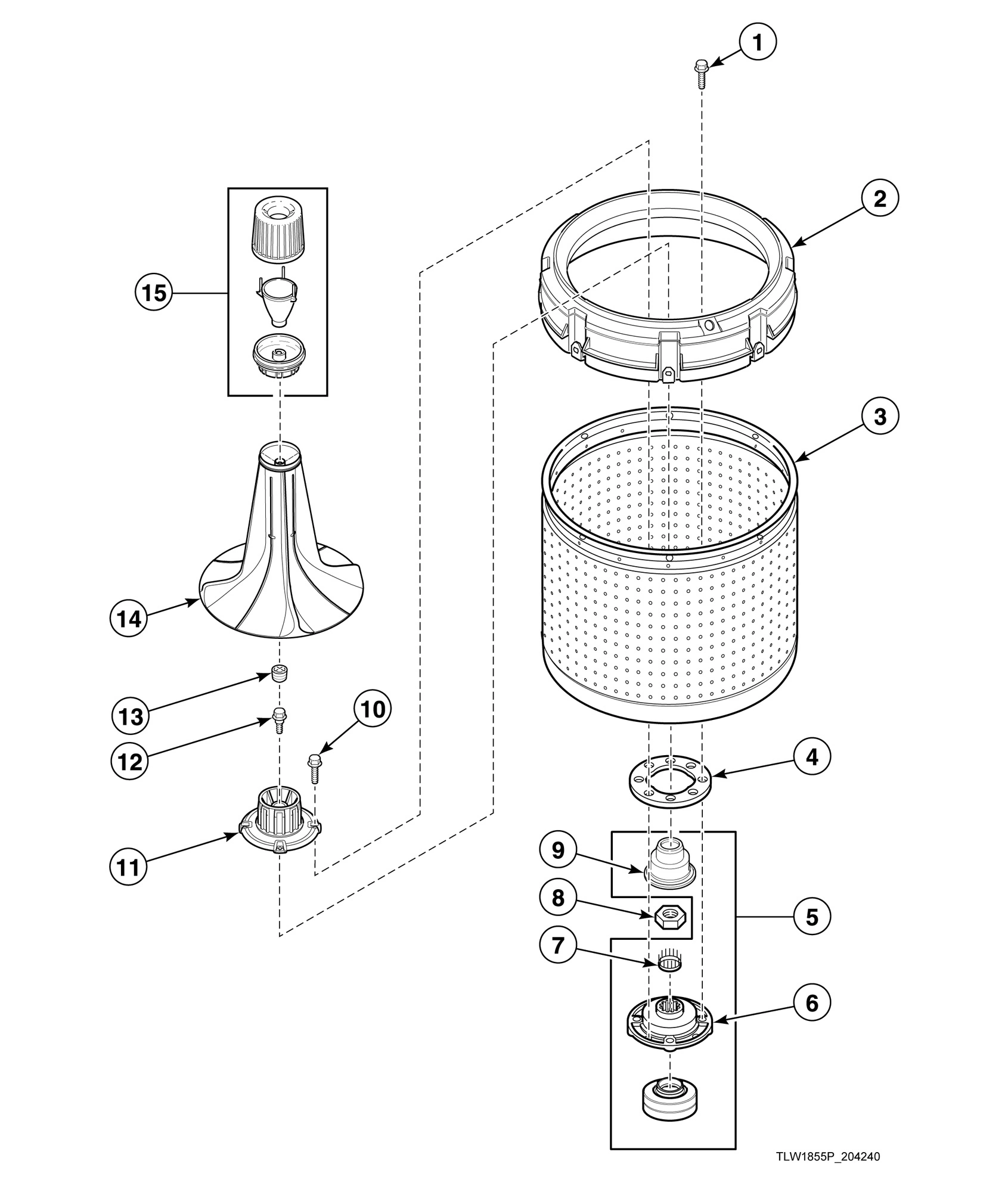 Agitator, Fabric Softener Dispenser, Drive Bell, Hub and Lip Seal Kit and Washtub