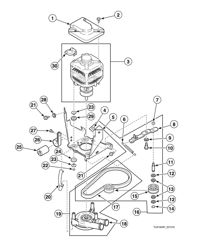Motor, Mounting Bracket, Belt, Pump And Idler Assembly