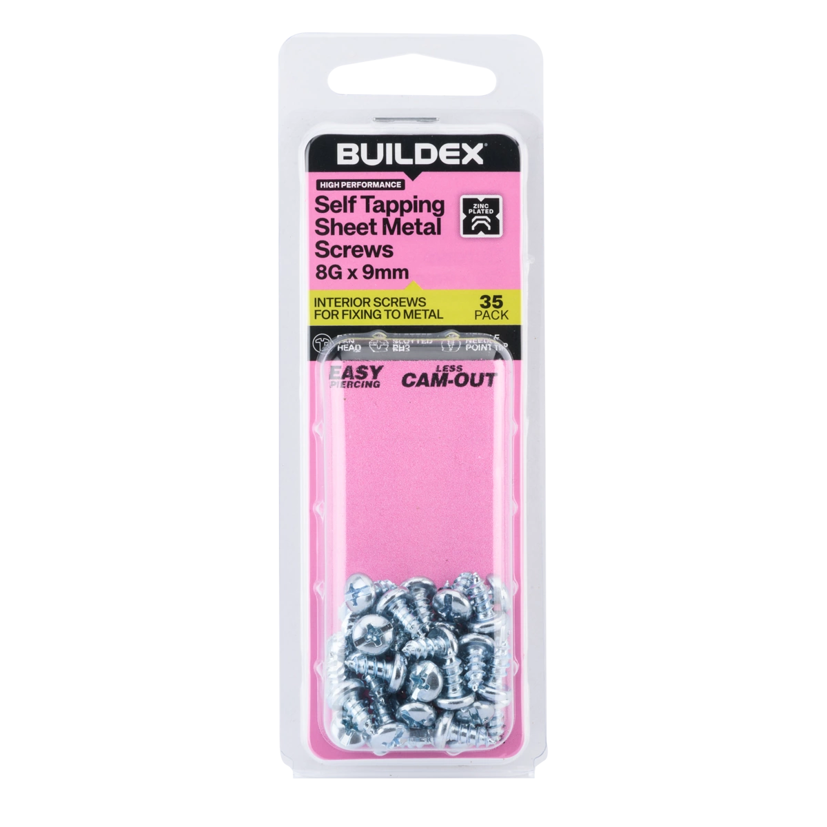 Buildex® 8G x 9mm Zinc Plated Self Tapping Sheet Metal Screws – 35 Pack