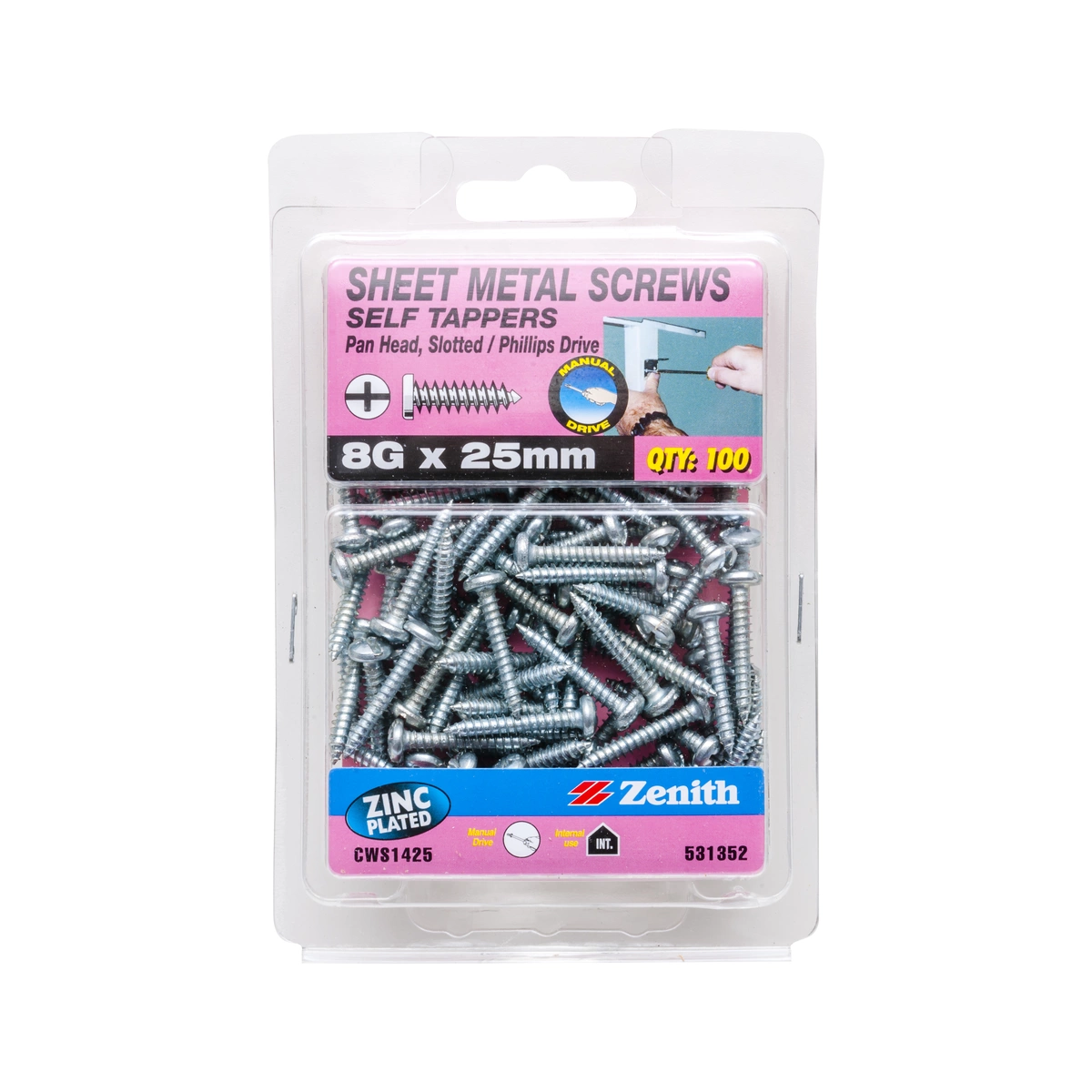 ZENITH® 8G x 25mm Zinc Plated Sheet Metal Screws (Combination Drive) – 100 Pack