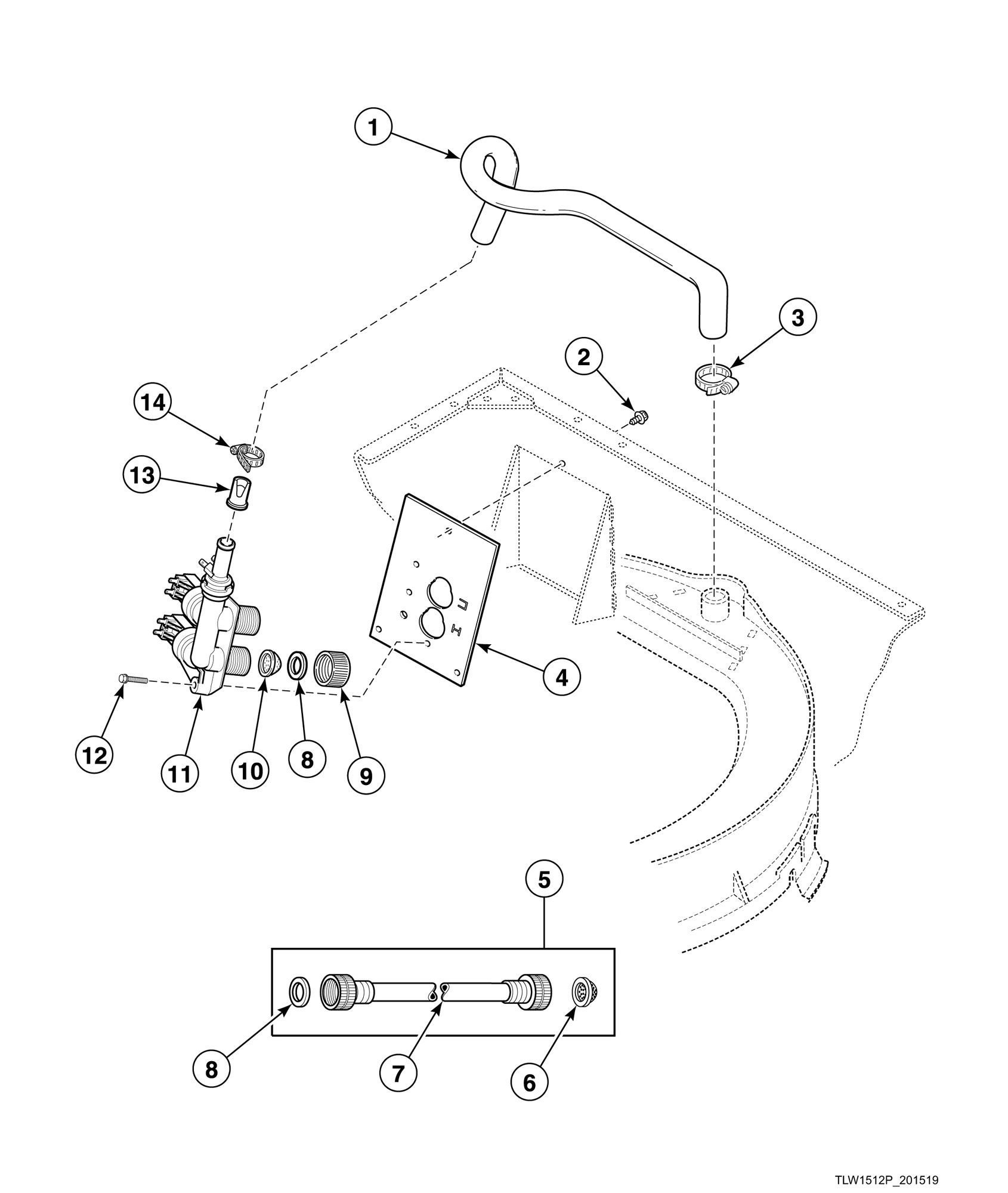 Fill Hose, Mixing Valve-to-Tub Cover Hose, Mixing Valve and Bracket - Models AWS48NW and AWS53NW