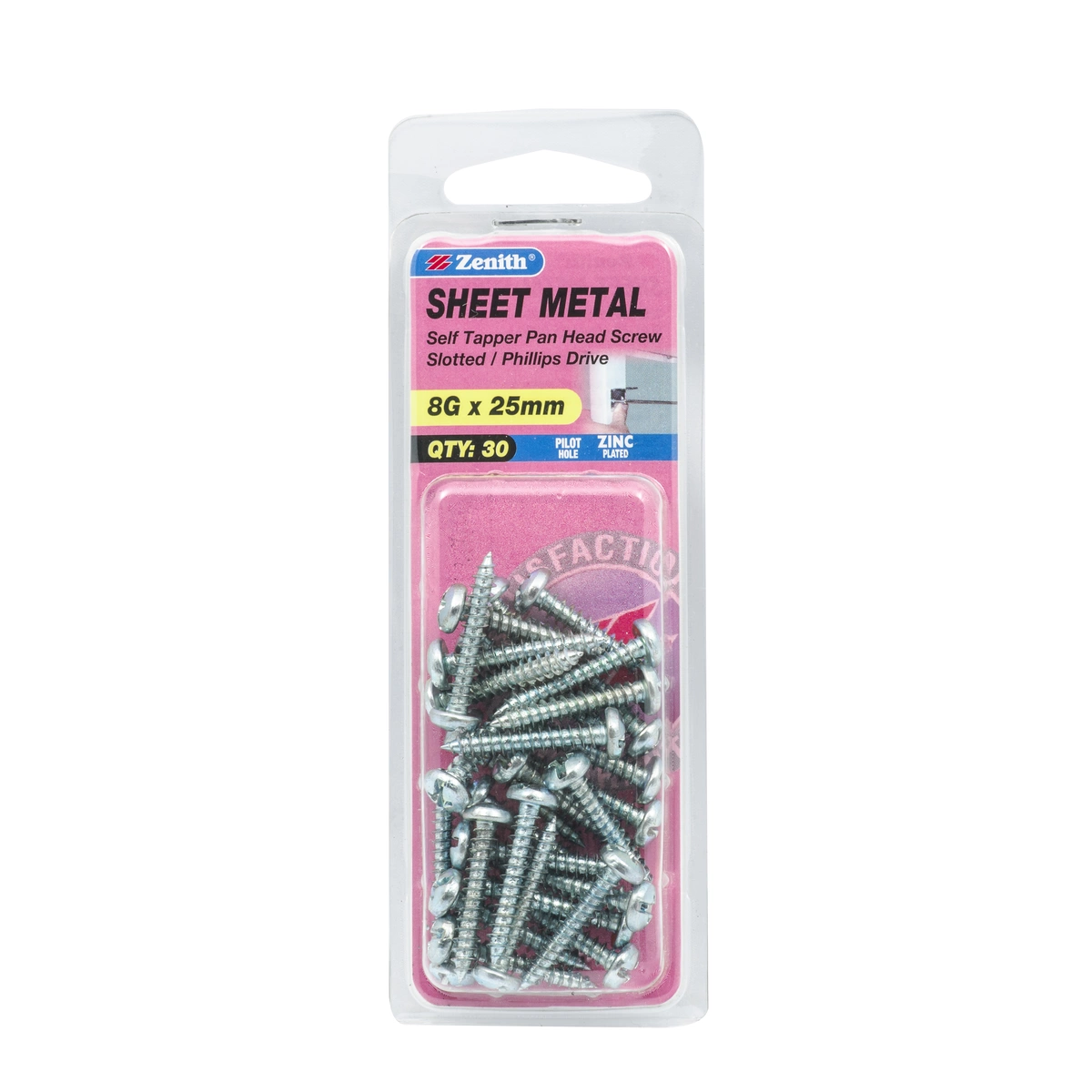 ZENITH® 8G x 25mm Zinc Plated Sheet Metal Screws – 30 Pack