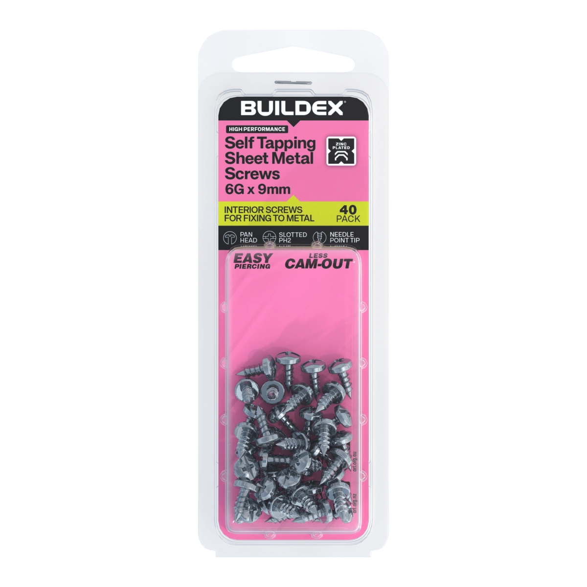 Buildex® 6G x 9mm Zinc Plated Self Tapping Sheet Metal Screws – 40 Pack