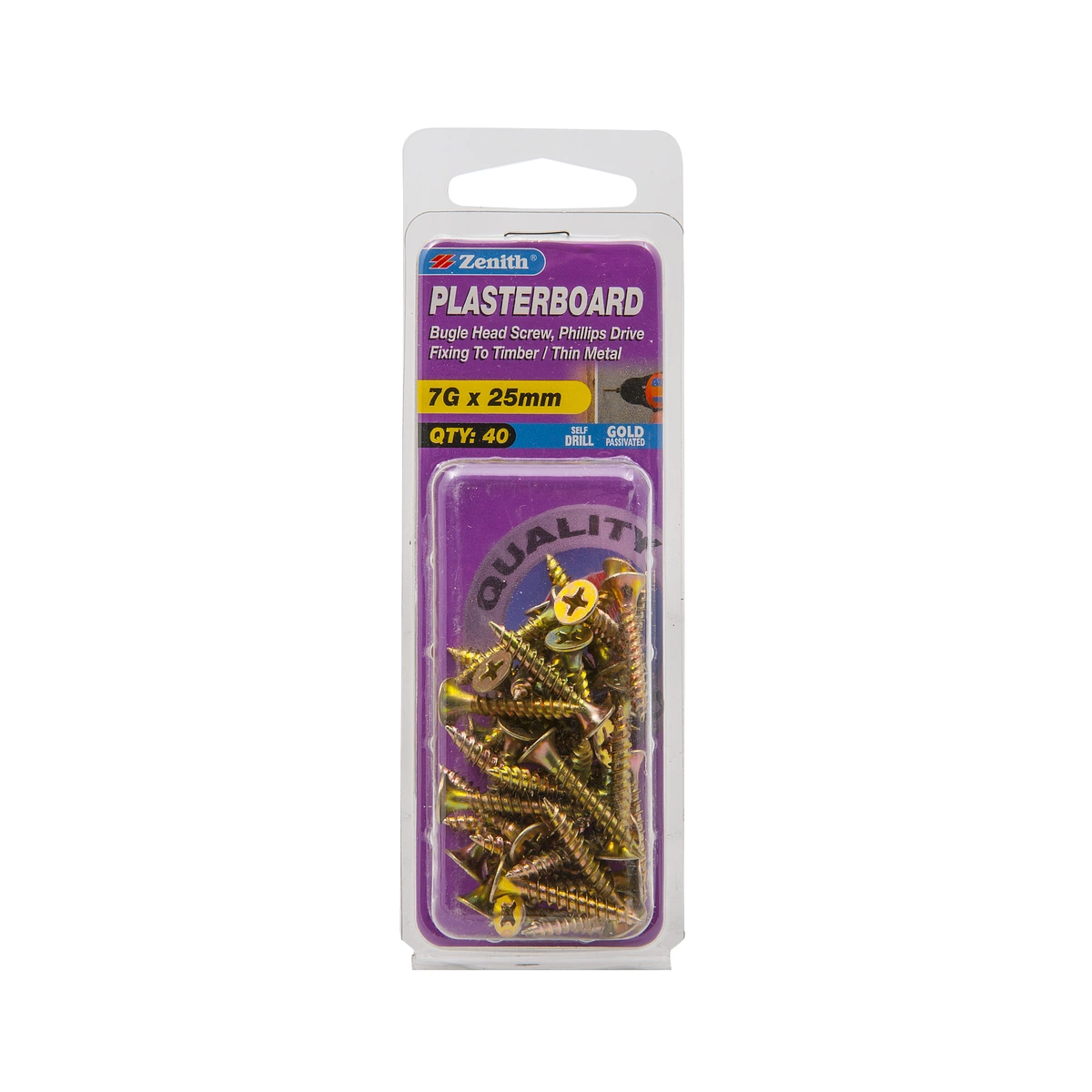 ZENITH® 7G x 25mm Gold Passivated Plasterboard Screws – 40 Pack