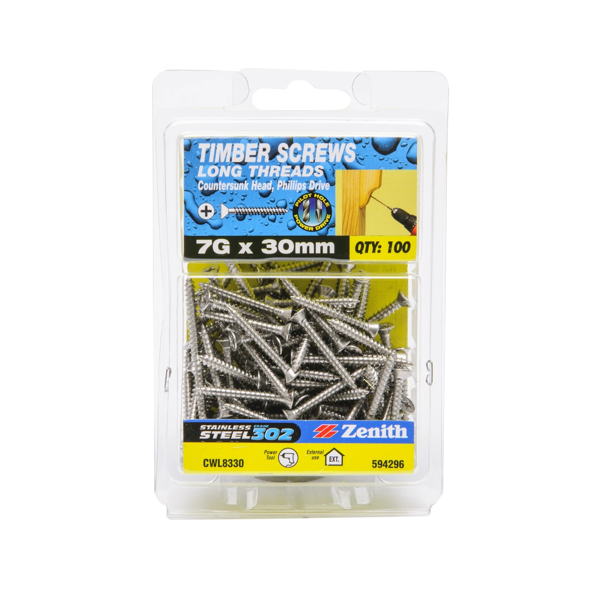 ZENITH® 7G x 30mm 304 Stainless Steel Timber Screws – 100 Pack