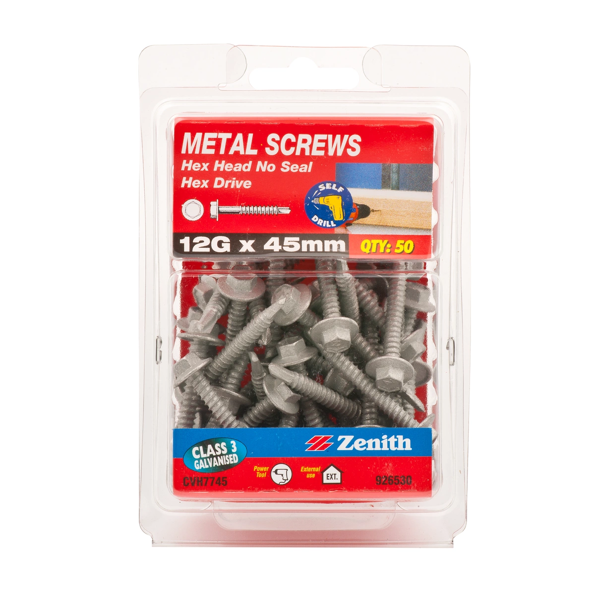 ZENITH® 12G x 45mm Class 3 Galvanised Metal Screws – 50 Pack