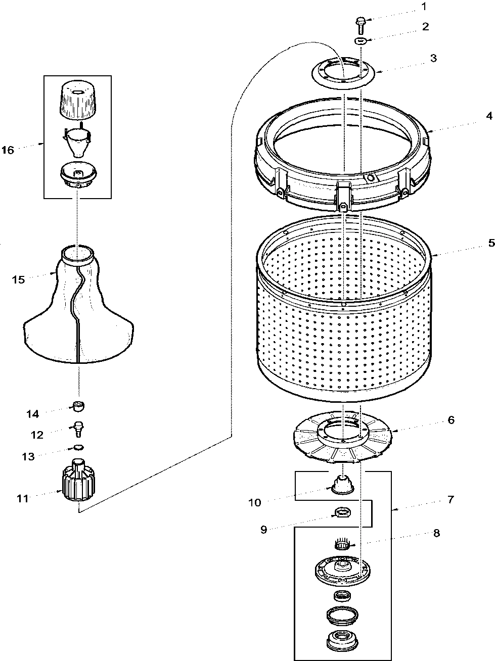 01 - Agitator, Drive Bell, Washtub and Hub