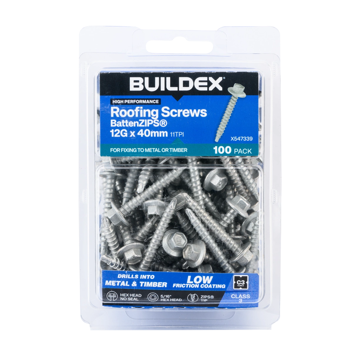 Buildex® 12G x 40mm Class 3 Roofing Screws BattenZIPS® – 100 Pack