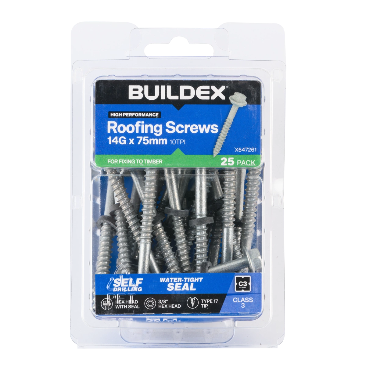 Buildex® 14G x 75mm Class 3 Roofing Screws with Seal – 25 Pack