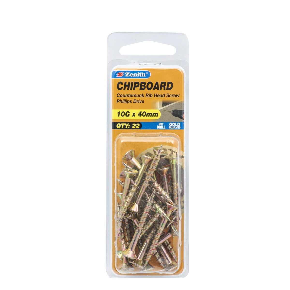 ZENITH® 10G x 40mm Gold Passivated Chipboard Screws – 22 Pack