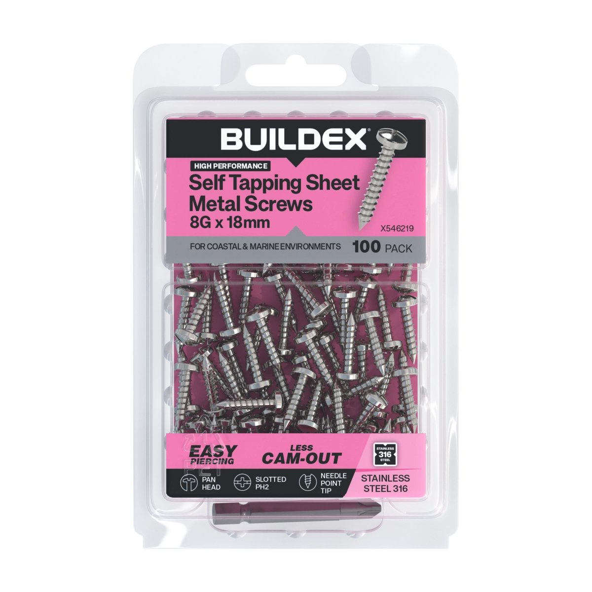 Buildex® 8G x 18mm SS316 Self Tapping Sheet Metal Screws – 100 Pack