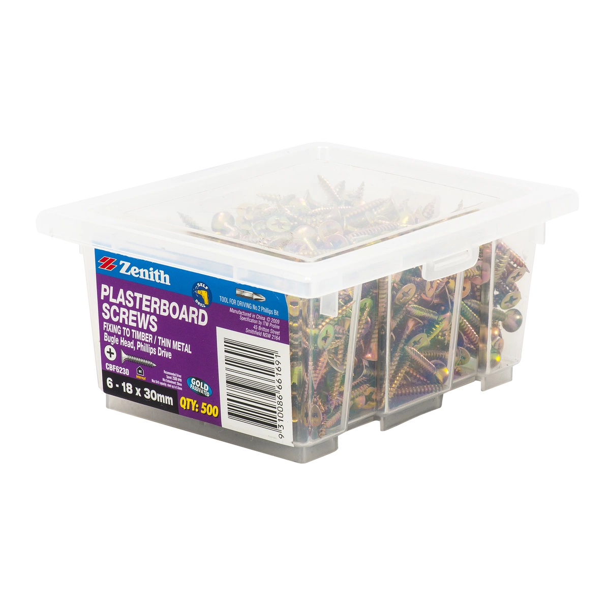 ZENITH® 6G x 30mm Gold Passivated Plasterboard Screws – 500 Pack