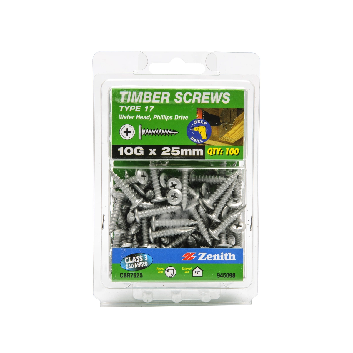 ZENITH® 10G x 25mm Class 3 Galvanised Timber Screws – 100 Pack