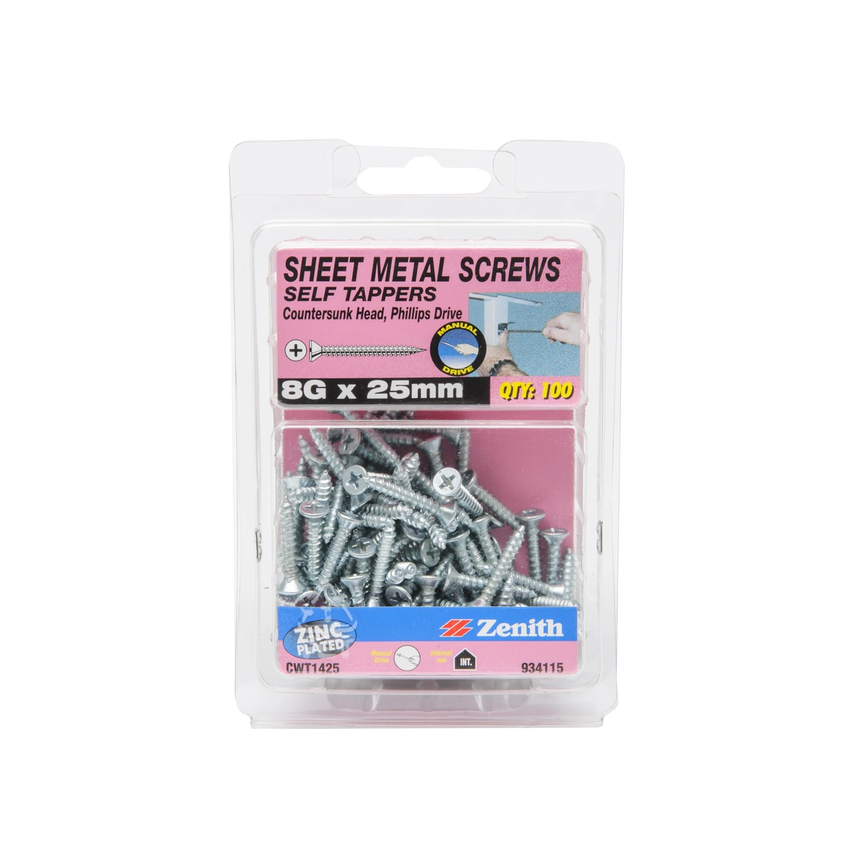ZENITH® 8G x 25mm Zinc Plated Sheet Metal Screws (Phillips Drive) – 100 Pack