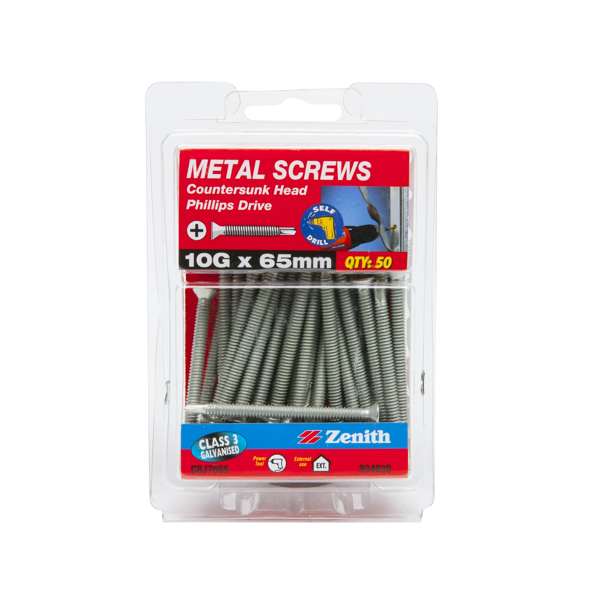ZENITH® 10G x 65mm Class 3 Galvanised Metal Screws – 50 Pack
