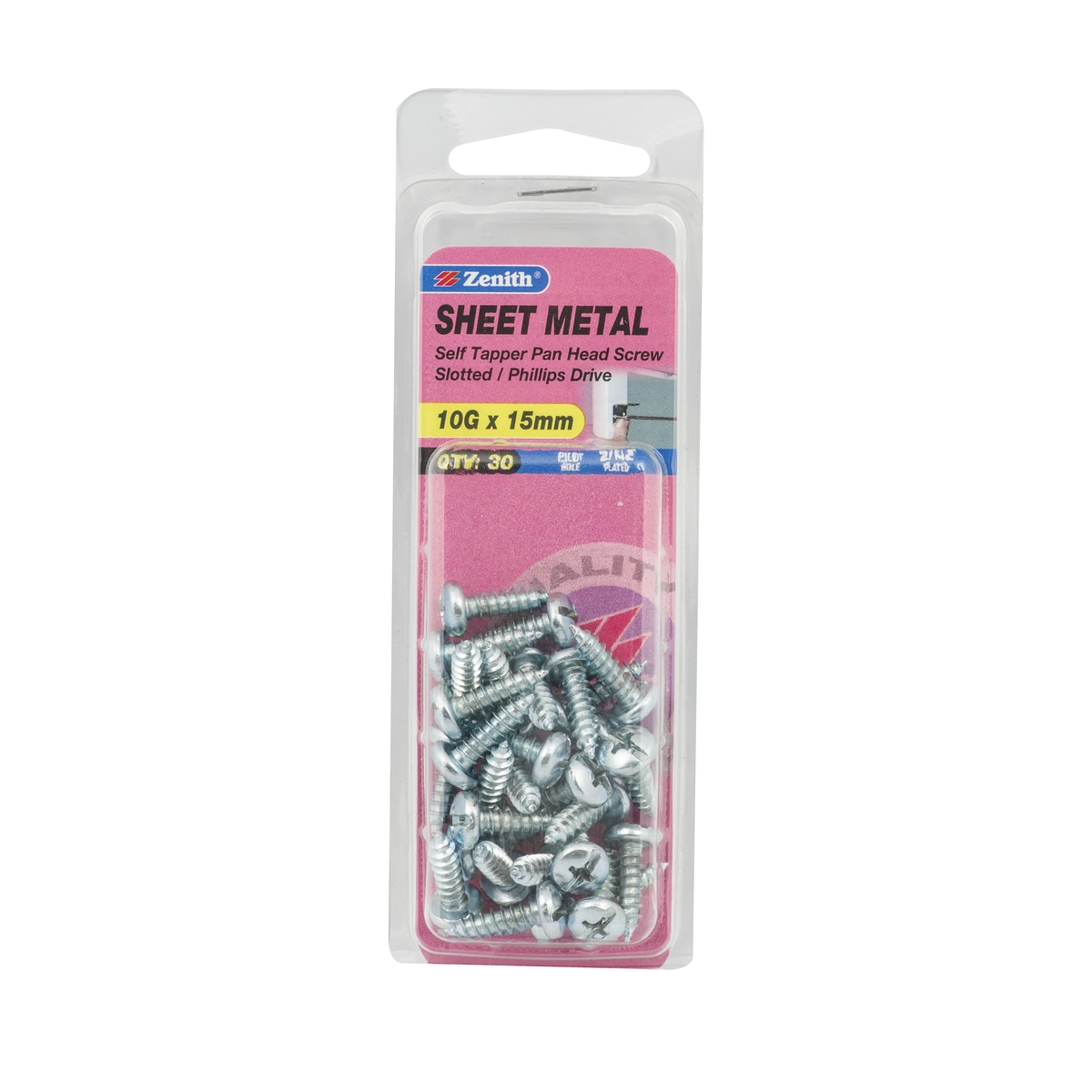 ZENITH® 10G x 15mm Zinc Plated Sheet Metal Screws – 30 Pack