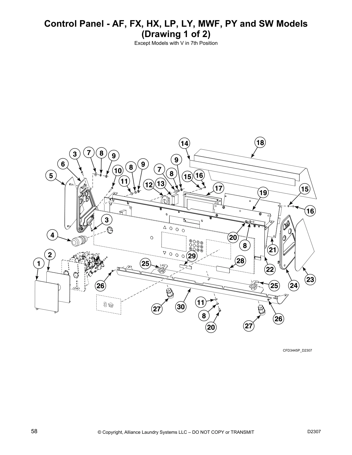 Control Panel - AF, FX, HX, LP, LY, MWF, PY and SW Models
(Drawing 1 of 2)