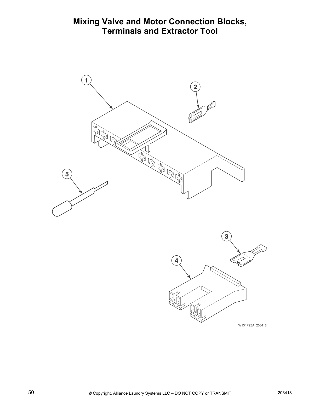 Mixing Valve and Motor Connection Blocks,
Terminals and Extractor Tool