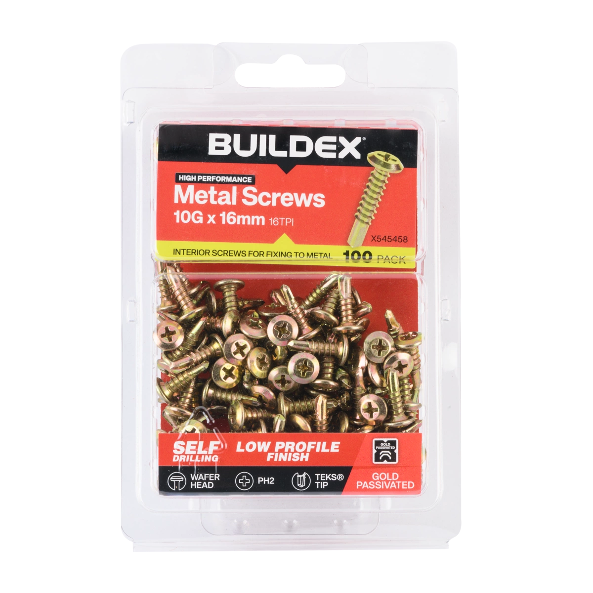 Buildex® 10G x 16mm Gold Passivated Sheet Metal Screws – 100 Pack