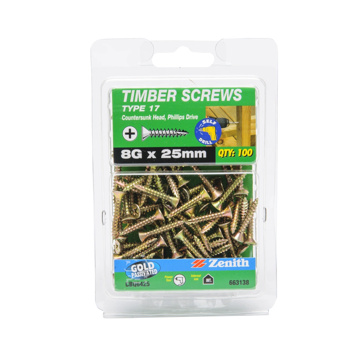 ZENITH® 8G x 25mm Gold Passivated Timber Screws – 100 Pack