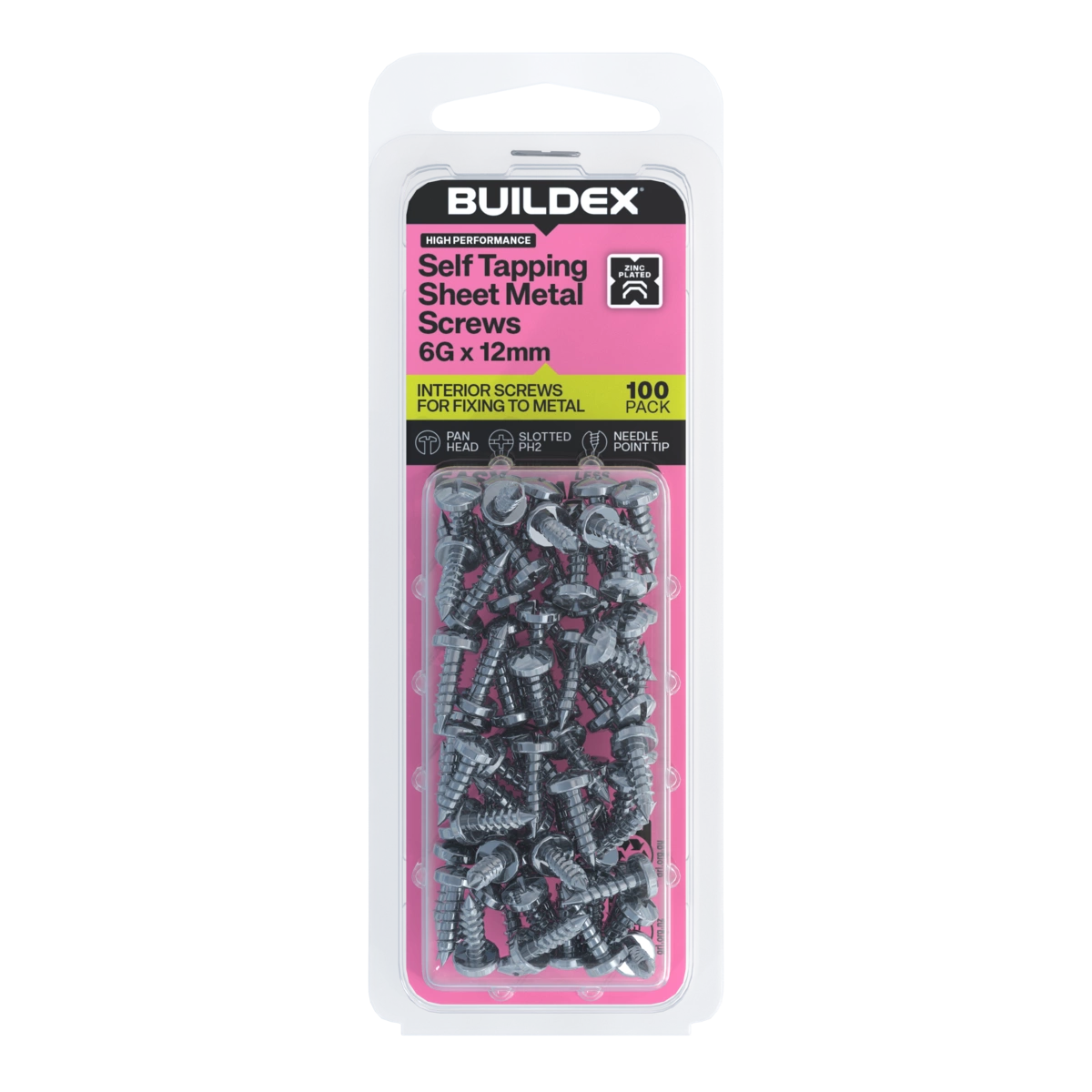 Buildex® 6G x 12mm Zinc Plated Self Tapping Sheet Metal Screws – 100 Pack