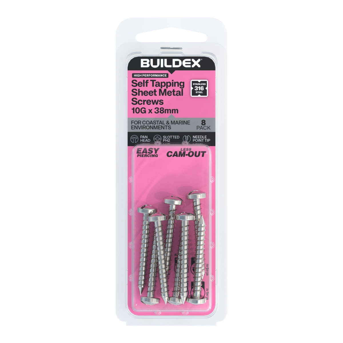 Buildex® 10G x 38mm SS316 Self Tapping Sheet Metal Screws – 8 Pack
