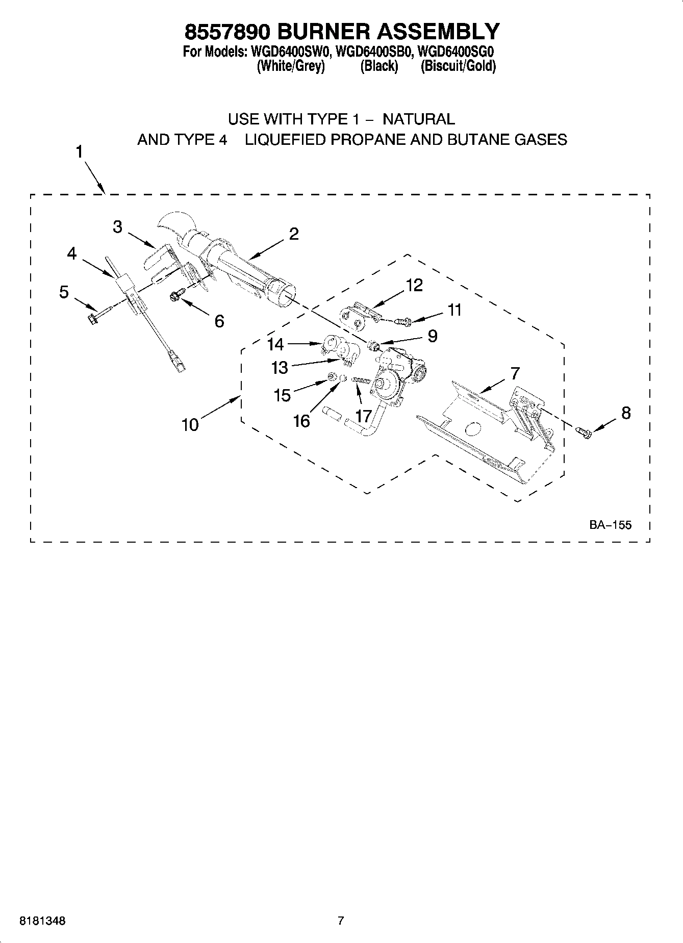 04 - 8557890 BURNER ASSEMBLY, OPTIONAL PARTS (NOT INCLUDED)