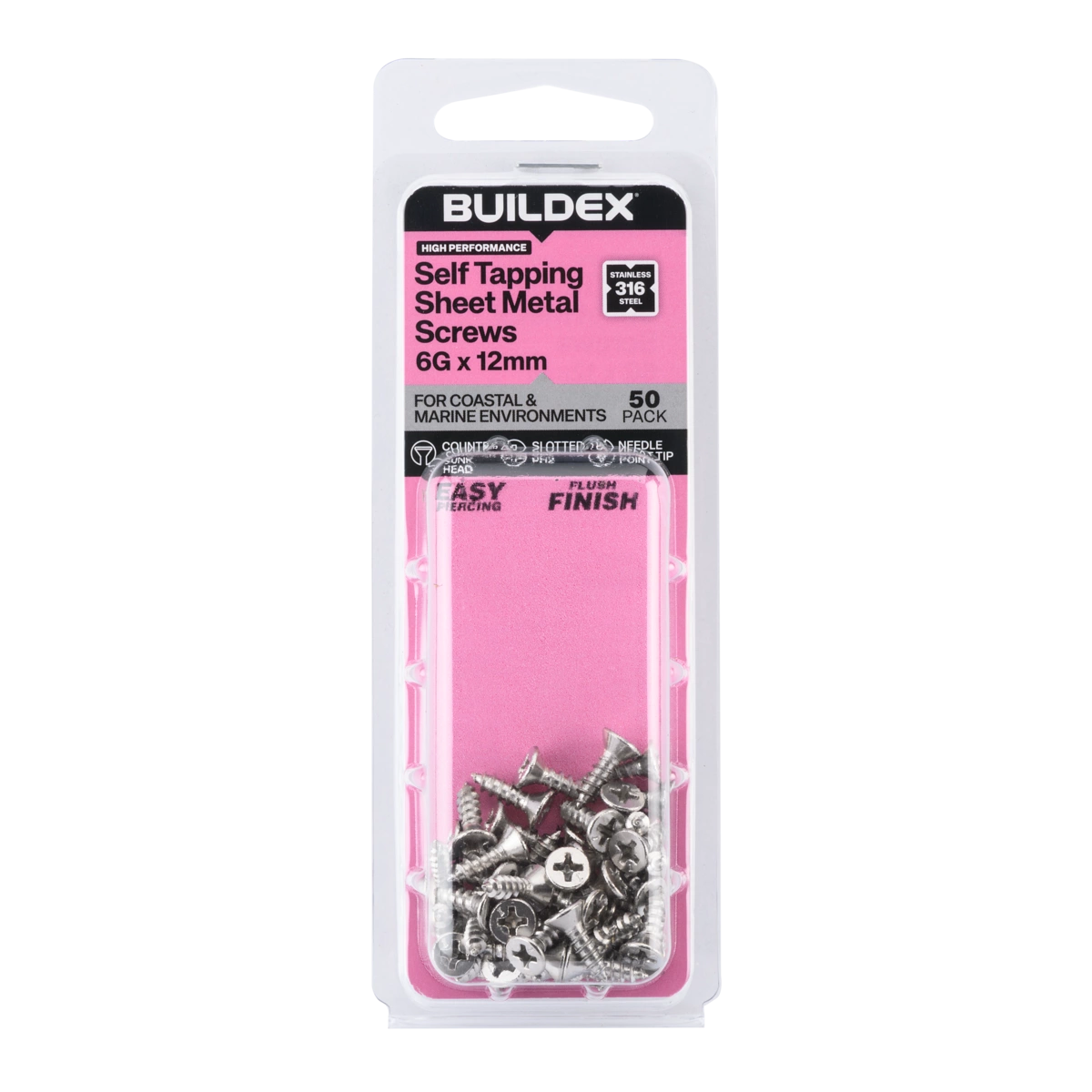 Buildex® 6G x 12mm SS316 Self Tapping Sheet Metal Screws – 50 Pack