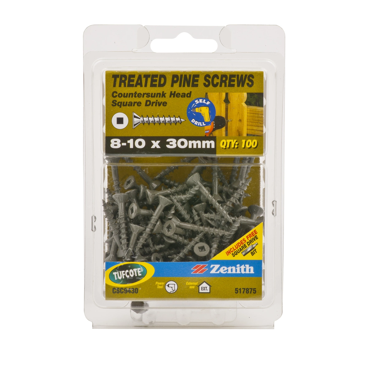ZENITH® 8G x 30mm TUFCOTE® Treated Pine Screws (Square Drive) – 100 Pack