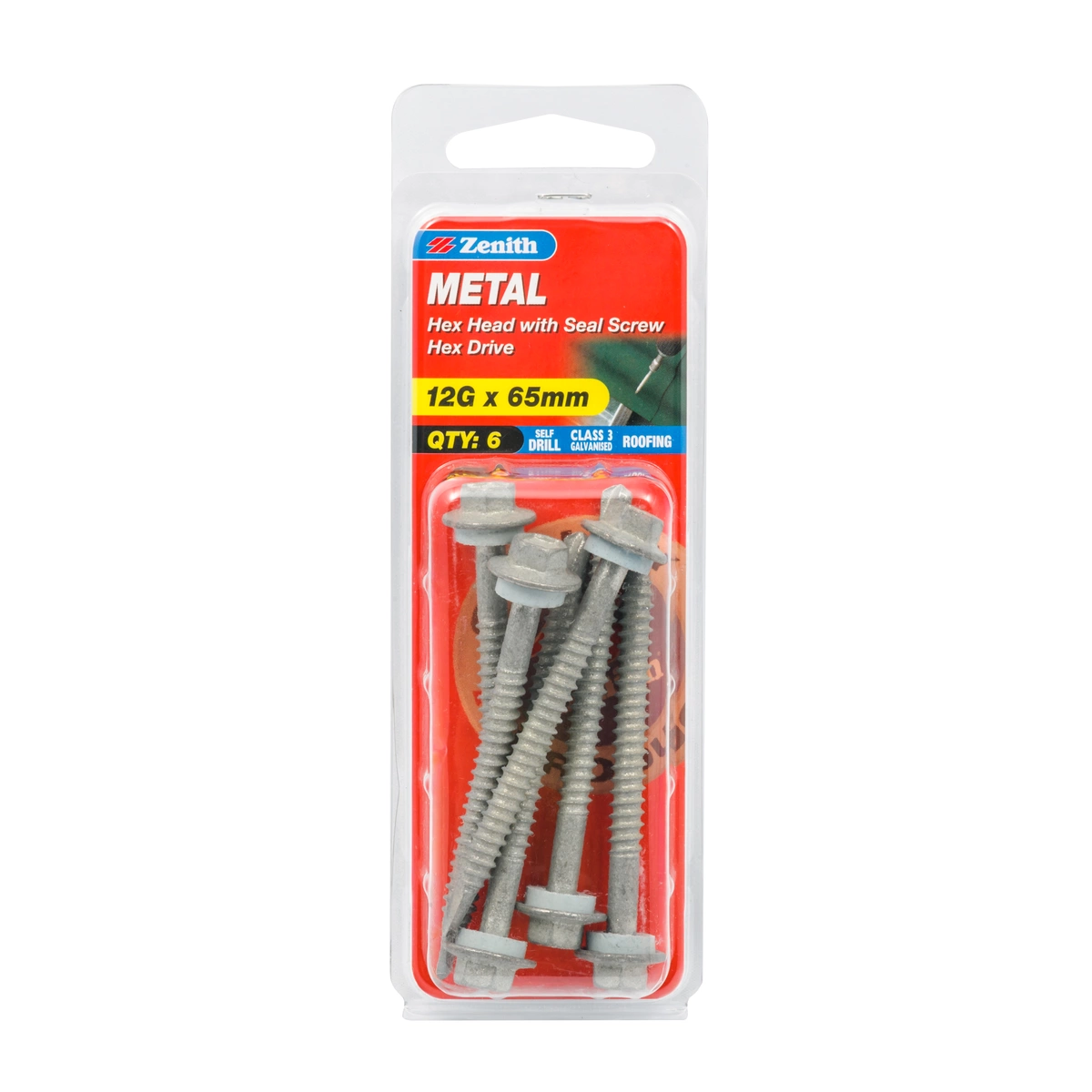 ZENITH® 12G x 65mm Class 3 Galvanised Cladding & Roofing Screws with Seal (Self Drilling) – 6 Pack