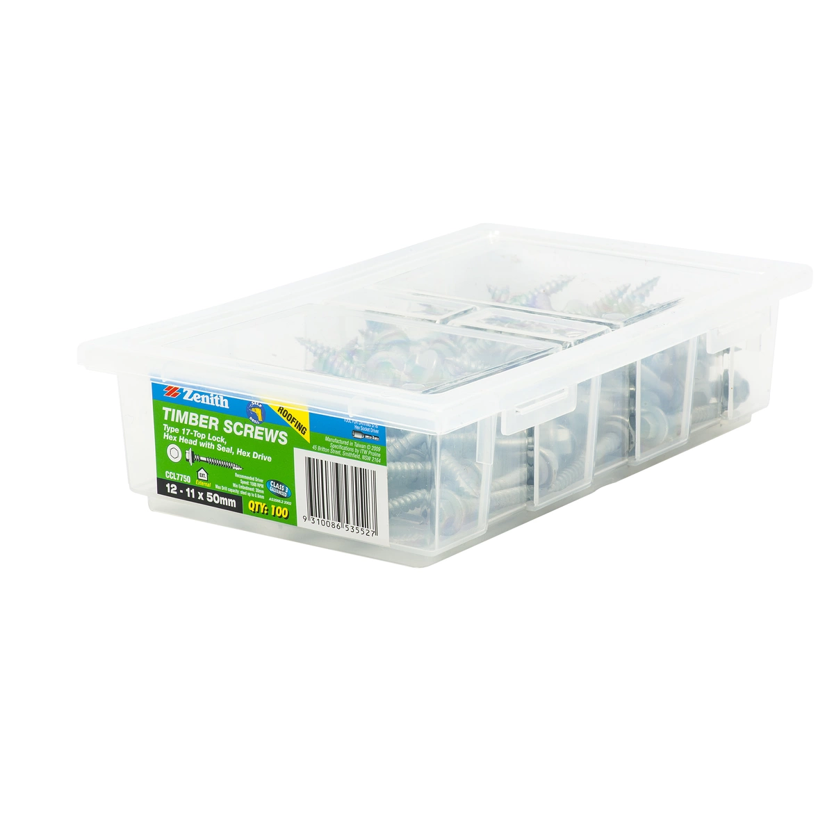 ZENITH® 12G x 50mm Class 3 Galvanised Cladding & Roofing Screws with Seal – 100 Pack