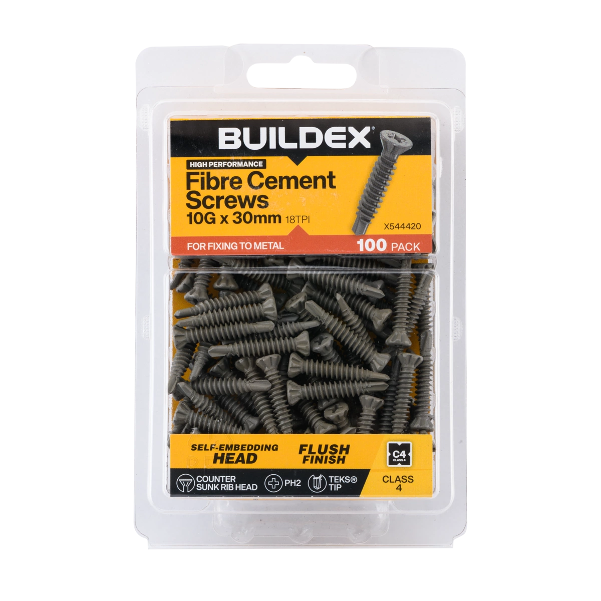 Buildex® 10G x 30mm Class 4 Fibre TEKS® Screws – 100 Pack